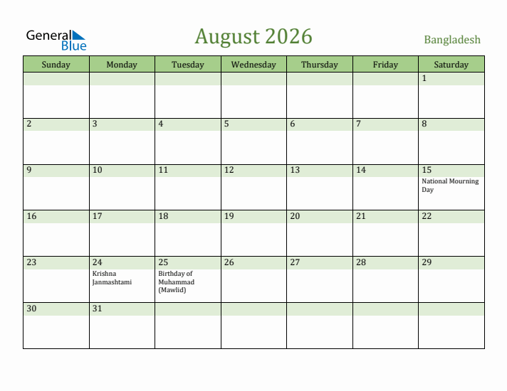 August 2026 Calendar with Bangladesh Holidays