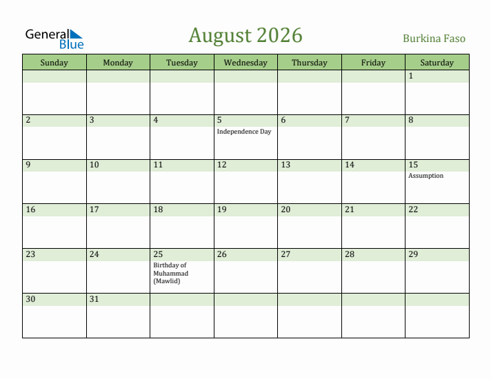 August 2026 Calendar with Burkina Faso Holidays