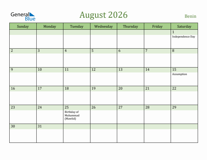 August 2026 Calendar with Benin Holidays