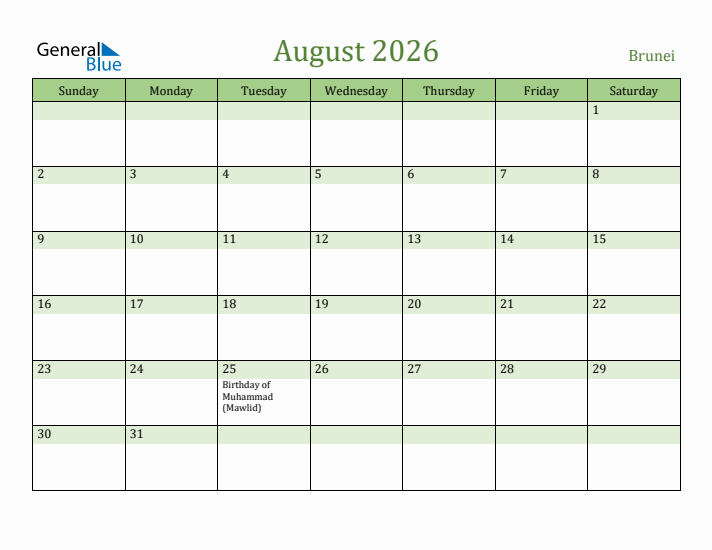 August 2026 Calendar with Brunei Holidays