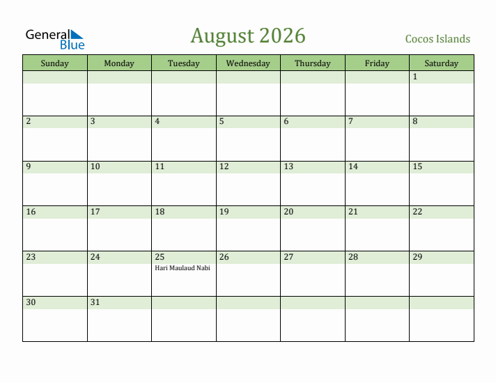 August 2026 Calendar with Cocos Islands Holidays
