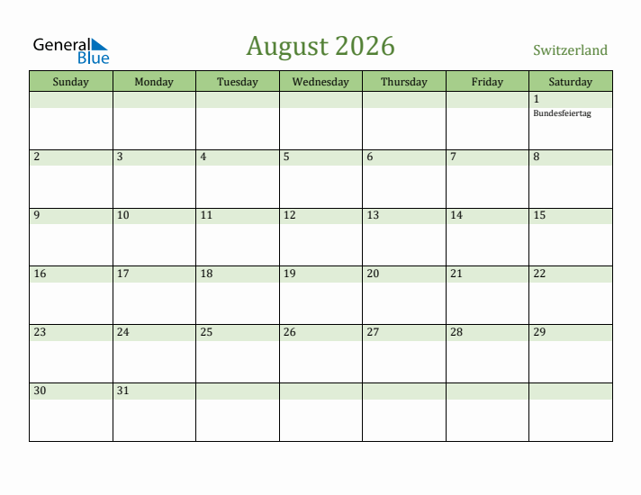 August 2026 Calendar with Switzerland Holidays