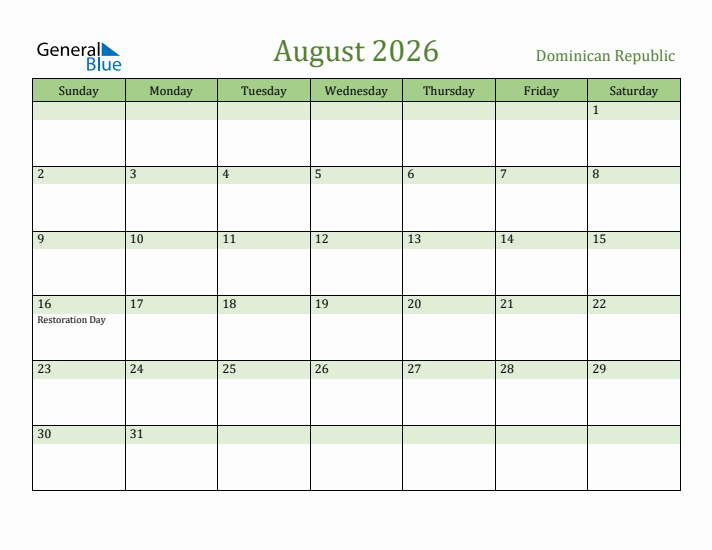 August 2026 Calendar with Dominican Republic Holidays