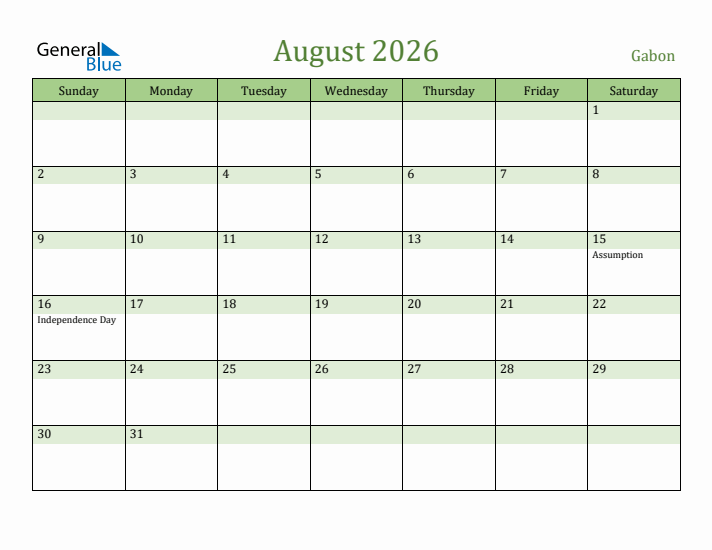August 2026 Calendar with Gabon Holidays