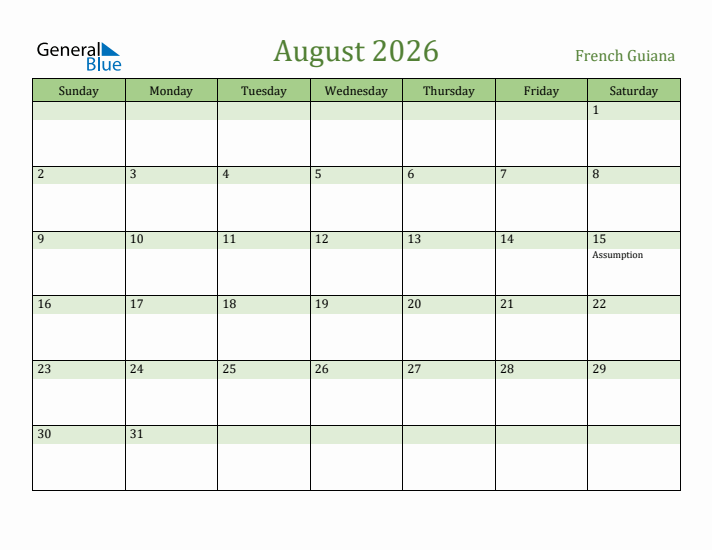 August 2026 Calendar with French Guiana Holidays