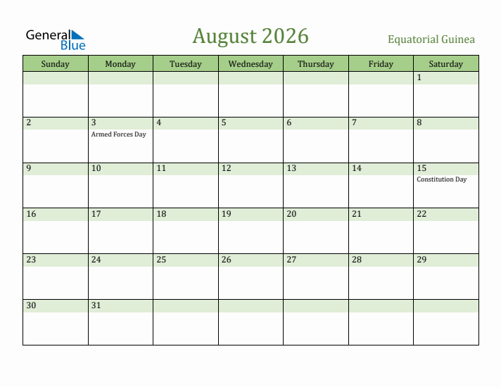 August 2026 Calendar with Equatorial Guinea Holidays