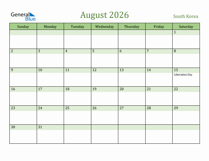 August 2026 Calendar with South Korea Holidays