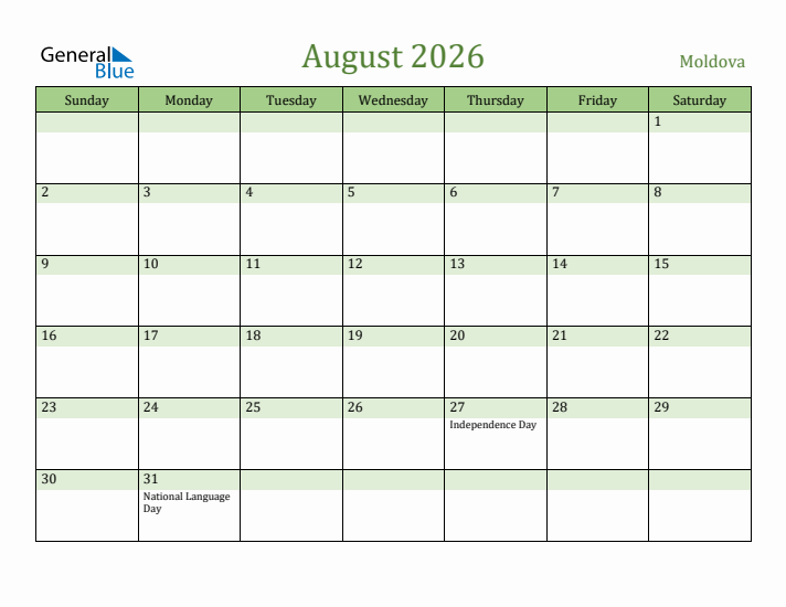 August 2026 Calendar with Moldova Holidays