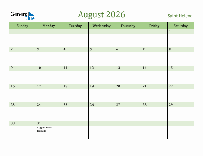 August 2026 Calendar with Saint Helena Holidays