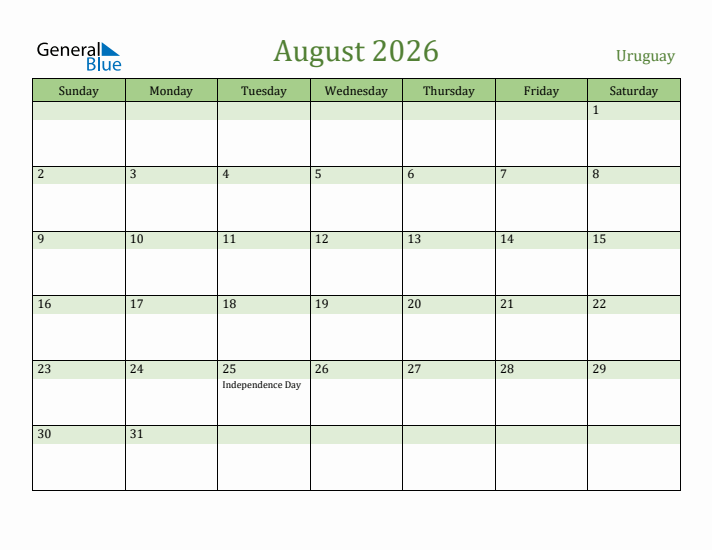 August 2026 Calendar with Uruguay Holidays