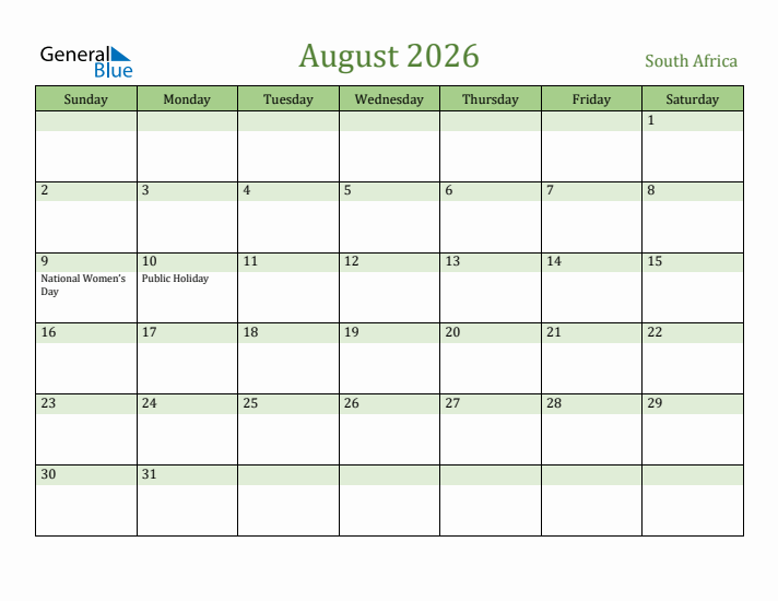 August 2026 Calendar with South Africa Holidays