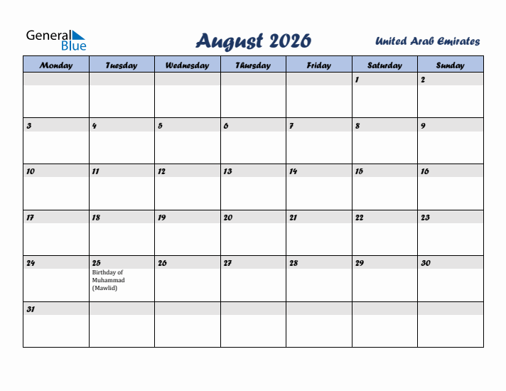 August 2026 Calendar with Holidays in United Arab Emirates