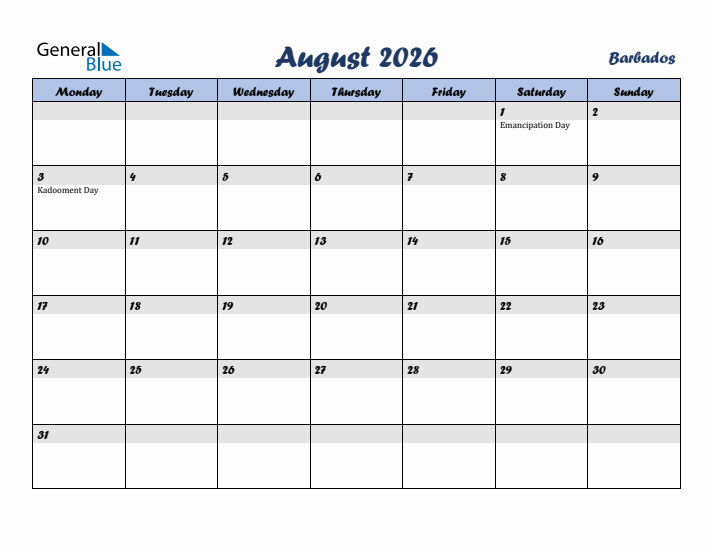 August 2026 Calendar with Holidays in Barbados