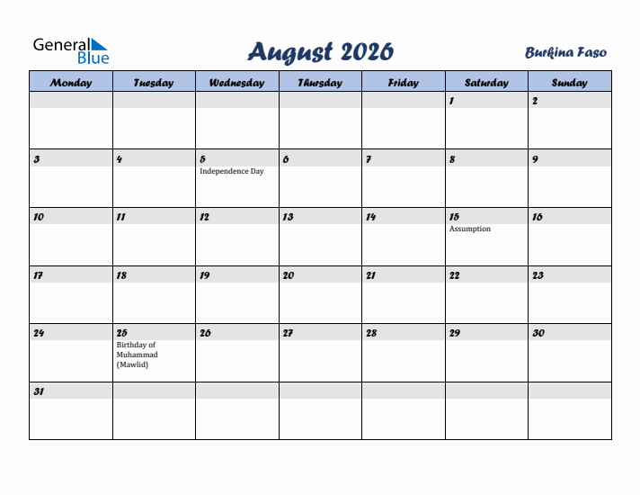 August 2026 Calendar with Holidays in Burkina Faso