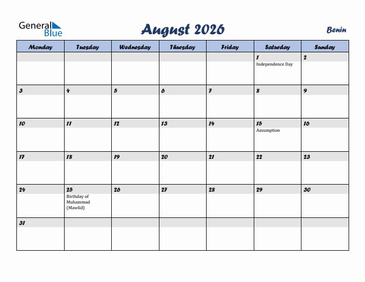 August 2026 Calendar with Holidays in Benin