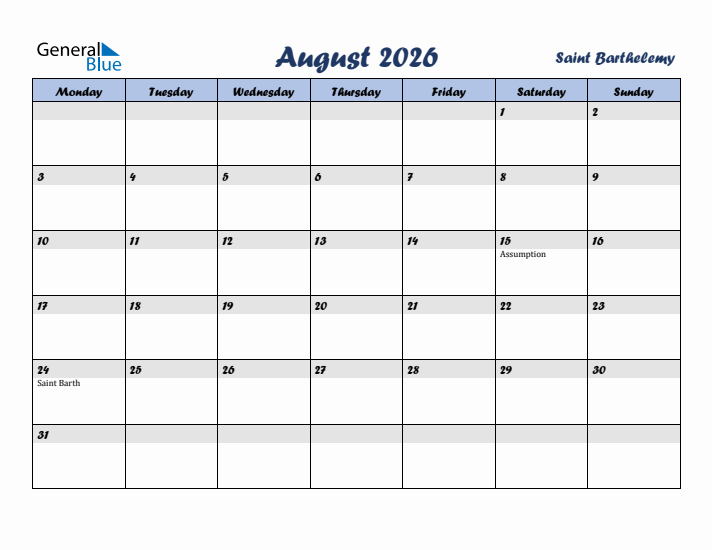August 2026 Calendar with Holidays in Saint Barthelemy