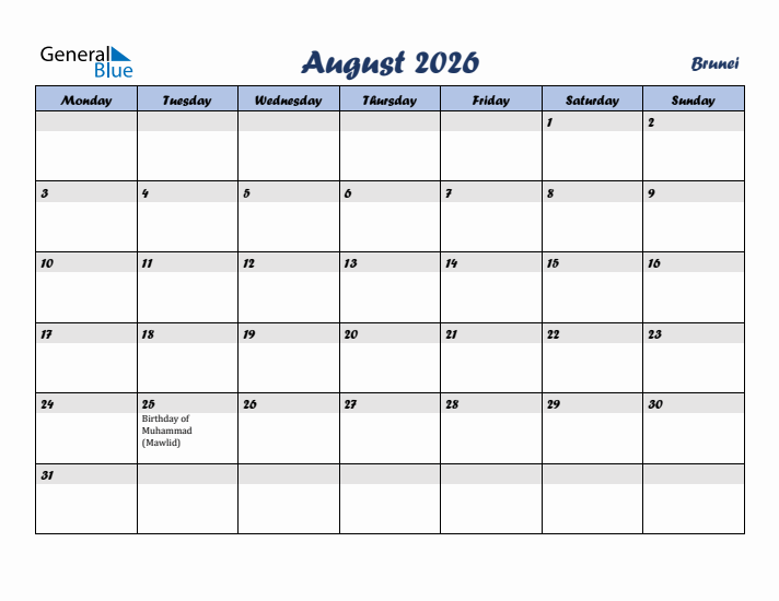 August 2026 Calendar with Holidays in Brunei