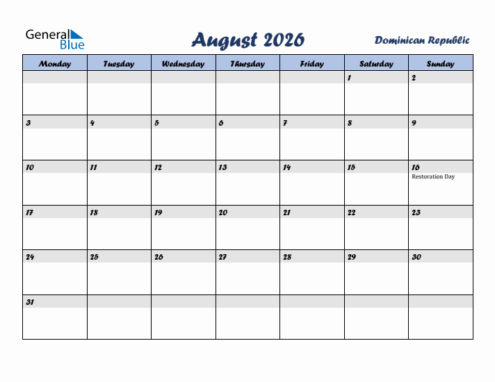 August 2026 Calendar with Holidays in Dominican Republic