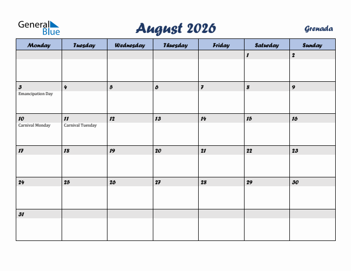 August 2026 Calendar with Holidays in Grenada