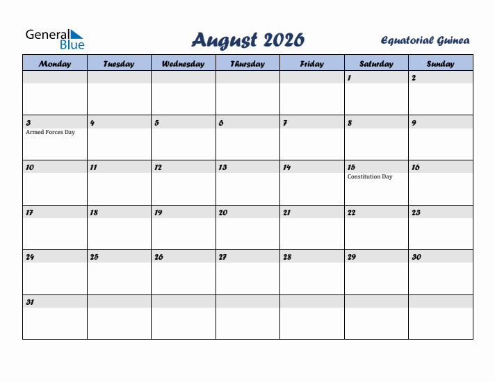 August 2026 Calendar with Holidays in Equatorial Guinea