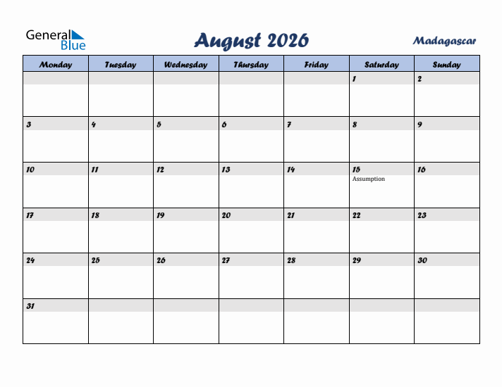 August 2026 Calendar with Holidays in Madagascar