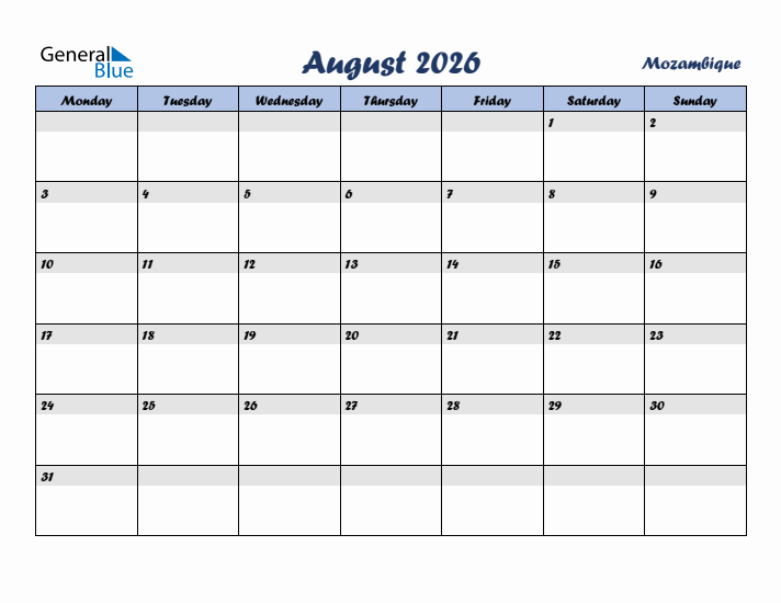 August 2026 Calendar with Holidays in Mozambique