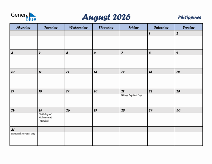 August 2026 Calendar with Holidays in Philippines