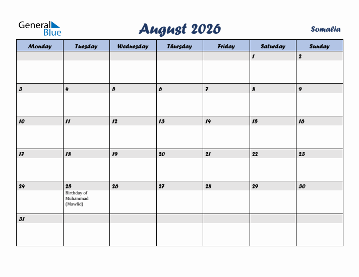 August 2026 Calendar with Holidays in Somalia