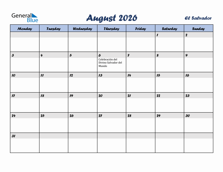 August 2026 Calendar with Holidays in El Salvador