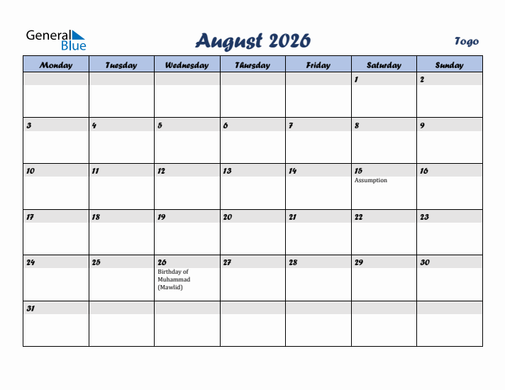 August 2026 Calendar with Holidays in Togo