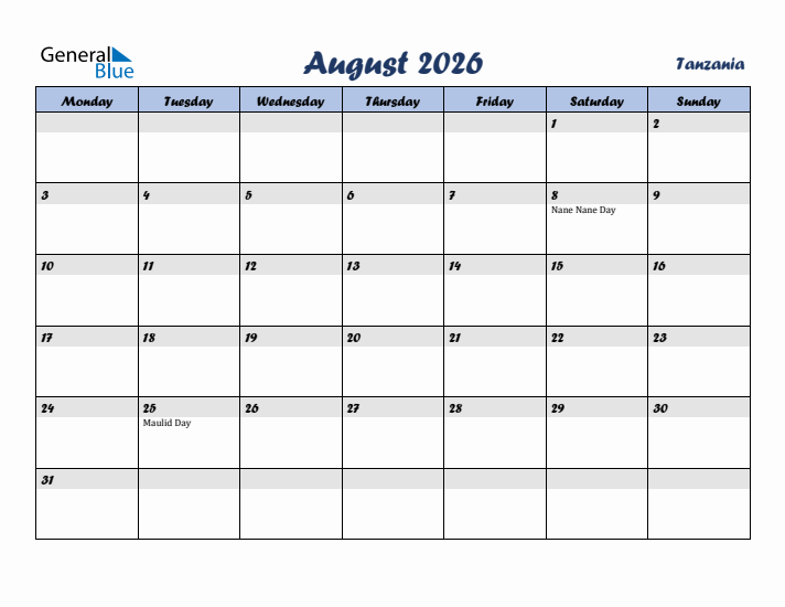 August 2026 Calendar with Holidays in Tanzania