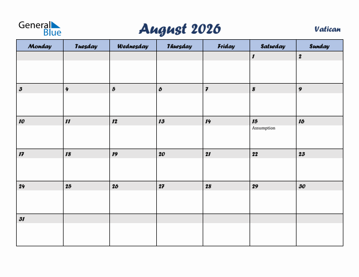 August 2026 Calendar with Holidays in Vatican