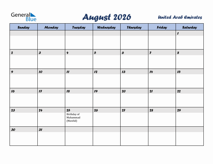 August 2026 Calendar with Holidays in United Arab Emirates