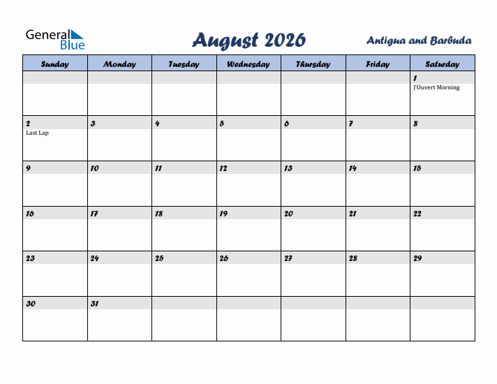 August 2026 Calendar with Holidays in Antigua and Barbuda