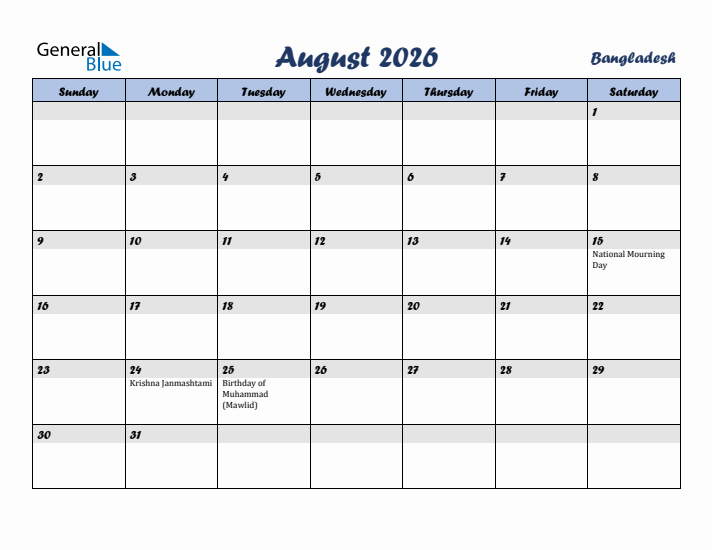 August 2026 Calendar with Holidays in Bangladesh