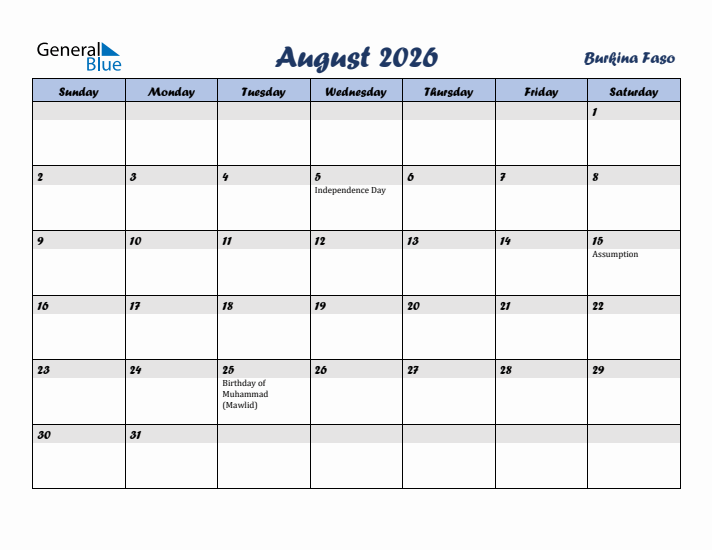 August 2026 Calendar with Holidays in Burkina Faso