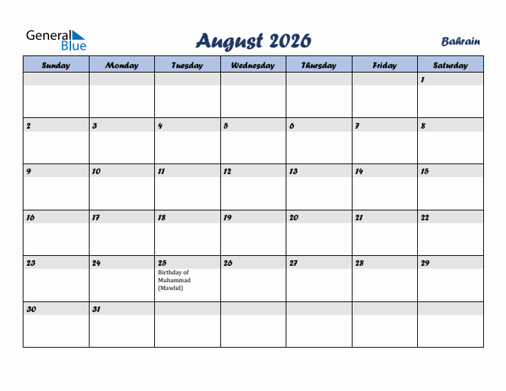 August 2026 Calendar with Holidays in Bahrain