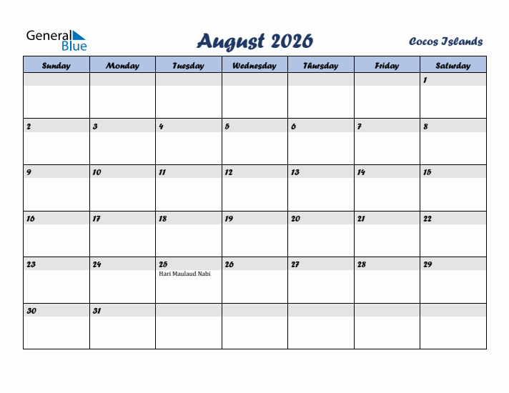 August 2026 Calendar with Holidays in Cocos Islands