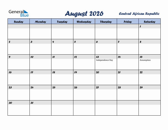 August 2026 Calendar with Holidays in Central African Republic