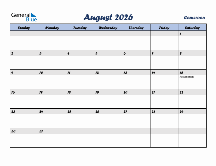 August 2026 Calendar with Holidays in Cameroon