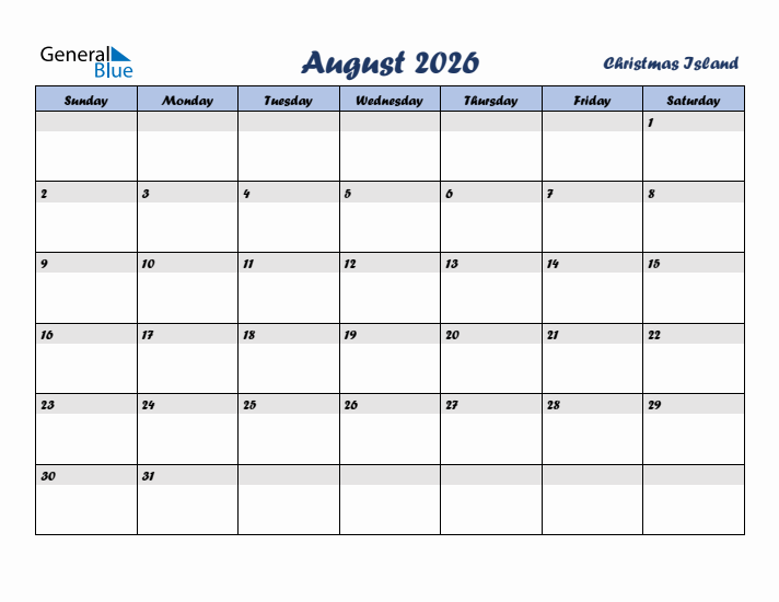 August 2026 Calendar with Holidays in Christmas Island