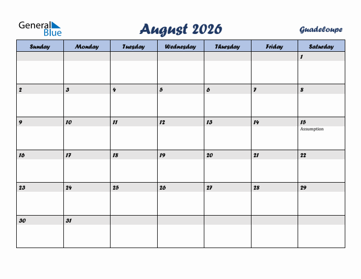 August 2026 Calendar with Holidays in Guadeloupe