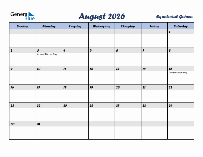 August 2026 Calendar with Holidays in Equatorial Guinea