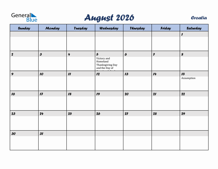 August 2026 Calendar with Holidays in Croatia