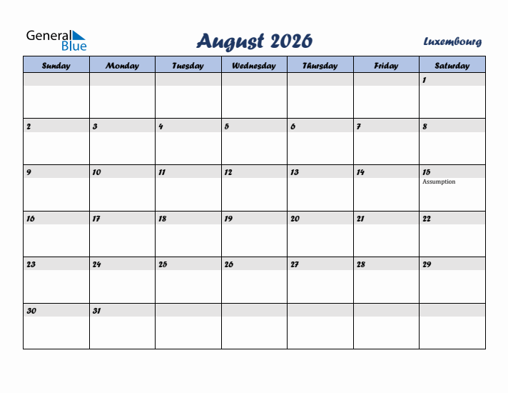 August 2026 Calendar with Holidays in Luxembourg