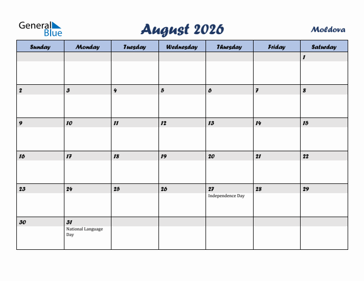 August 2026 Calendar with Holidays in Moldova