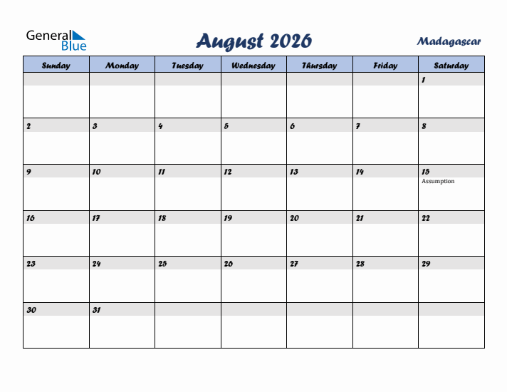 August 2026 Calendar with Holidays in Madagascar