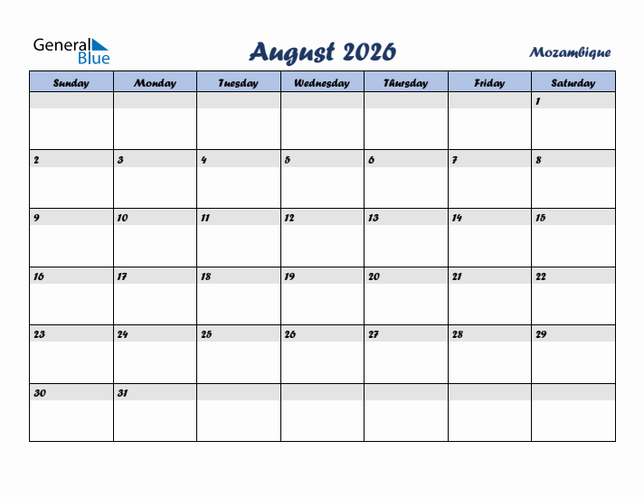 August 2026 Calendar with Holidays in Mozambique