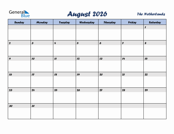 August 2026 Calendar with Holidays in The Netherlands