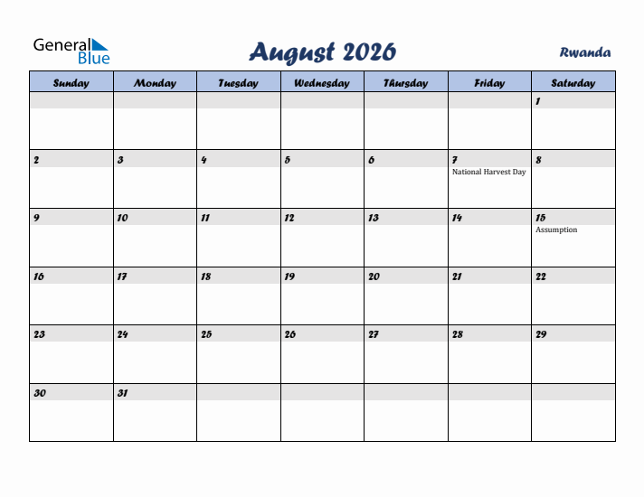 August 2026 Calendar with Holidays in Rwanda